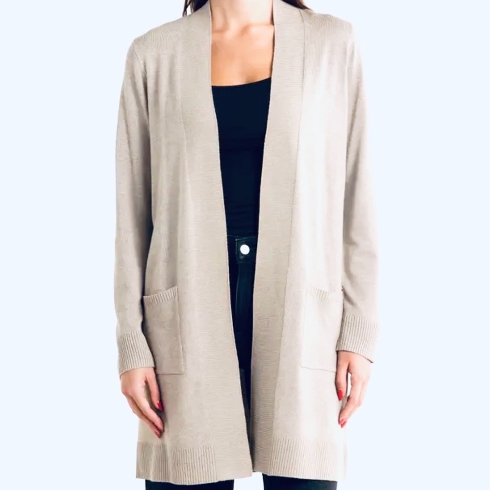 THEORY Rib Sleeve Open-Front Long
Soft Cashmere Cardigan, Light Oatmeal